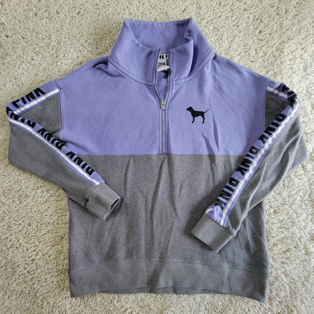 PINK Victoria's Secret Sweatshirt Quarter Zip Colorblock Dog Logo Size Small
